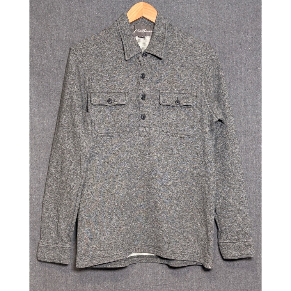 Eddie Bauer Mens Gray Heather Knit Pullover Shirt Button Pocket Size M